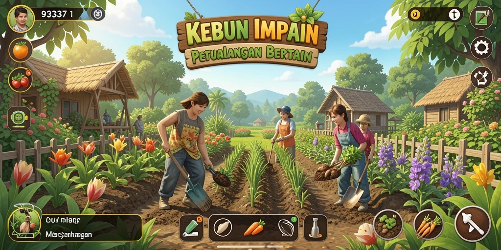 Screenshot gameplay 93337 menunjukkan kebun yang rimbun dan menawan.