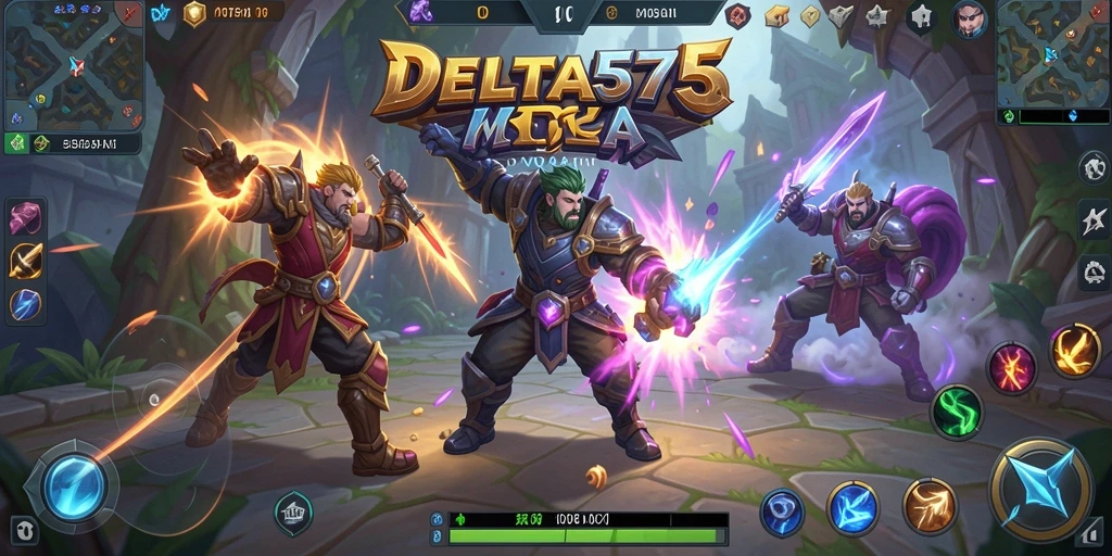 Screenshot DELTA575 menampilkan aksi pertempuran yang intens di arena MOBA.