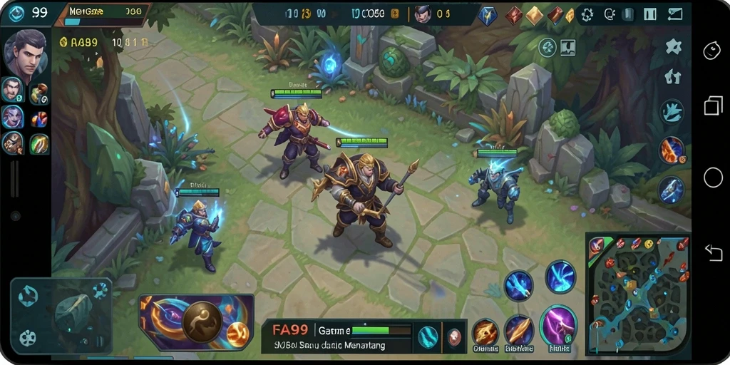 Tampilan gameplay seru dalam FA99, aksi MOBA yang mendebarkan.