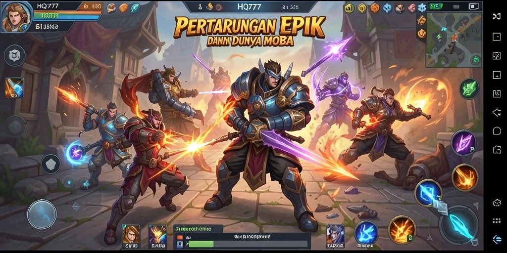 Screenshot utama HQ777 menampilkan aksi seru dalam pertarungan MOBA.