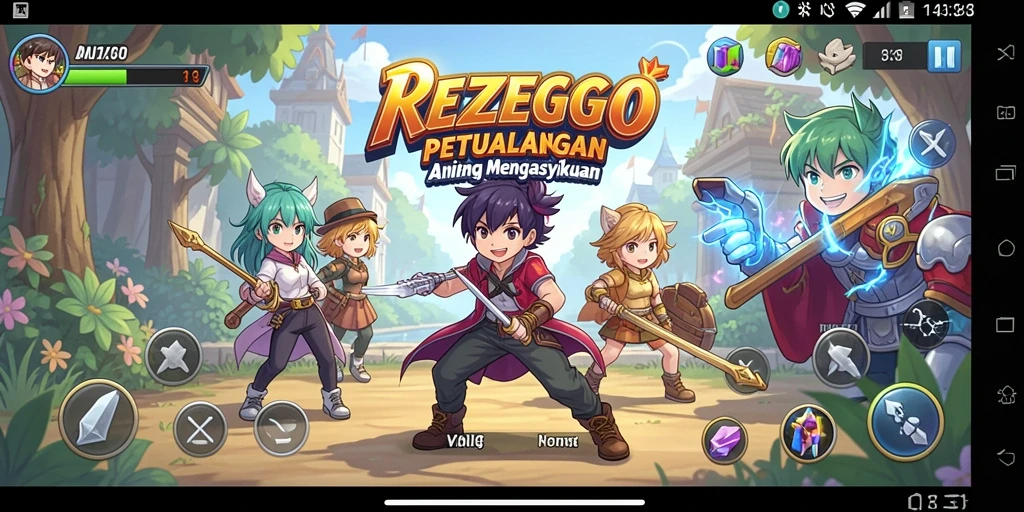 Tampilan gameplay REZEGO yang penuh warna dan dinamis.