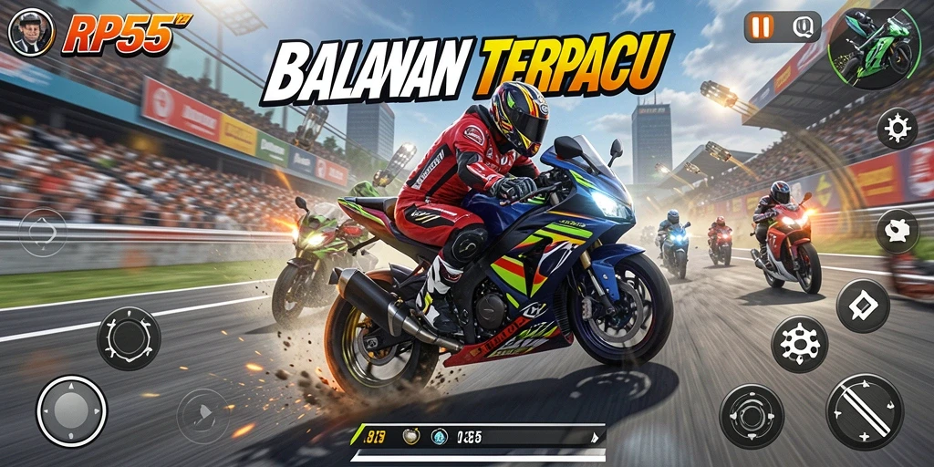Screenshot utama RP55 menampilkan aksi balapan motor yang mendebarkan.